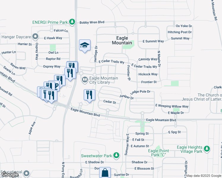 map of restaurants, bars, coffee shops, grocery stores, and more near 1852 East Magnolia Circle in Eagle Mountain