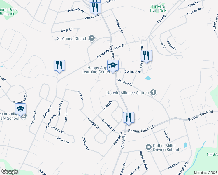 map of restaurants, bars, coffee shops, grocery stores, and more near 1620 Clay Pike in Irwin