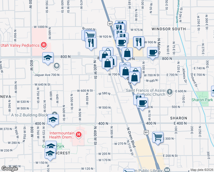 map of restaurants, bars, coffee shops, grocery stores, and more near 673 North 340 West in Orem