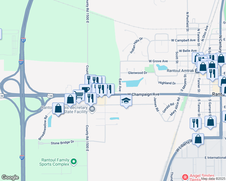 map of restaurants, bars, coffee shops, grocery stores, and more near 626 West Champaign Avenue in Rantoul