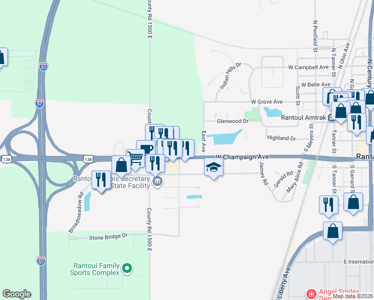map of restaurants, bars, coffee shops, grocery stores, and more near 636 West Champaign Avenue in Rantoul