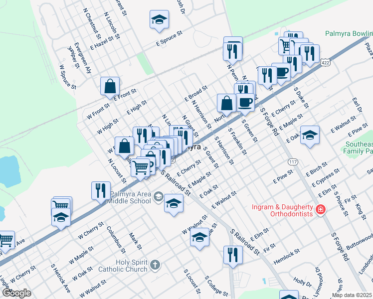 map of restaurants, bars, coffee shops, grocery stores, and more near 8 North Lincoln Street in Palmyra