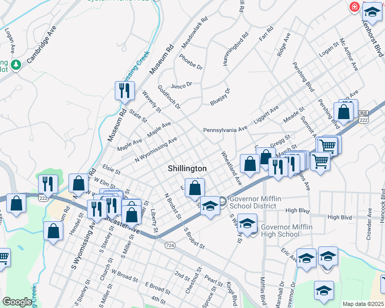 map of restaurants, bars, coffee shops, grocery stores, and more near 311 Pennsylvania Avenue in Shillington