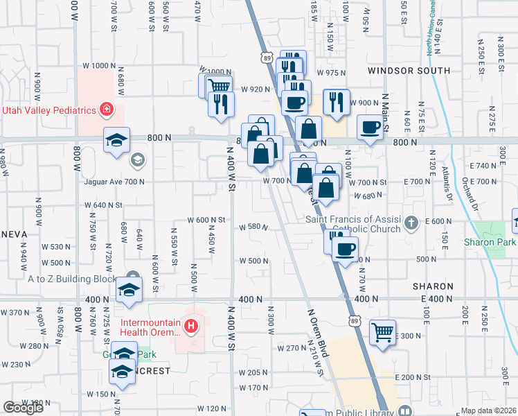 map of restaurants, bars, coffee shops, grocery stores, and more near 673 North 340 West in Orem
