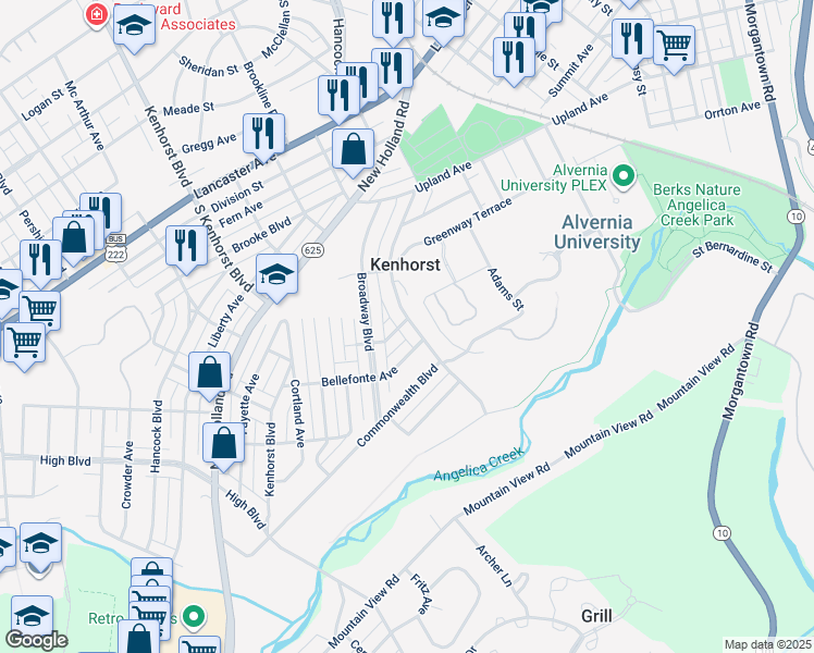 map of restaurants, bars, coffee shops, grocery stores, and more near 1201 Commonwealth Boulevard in Reading
