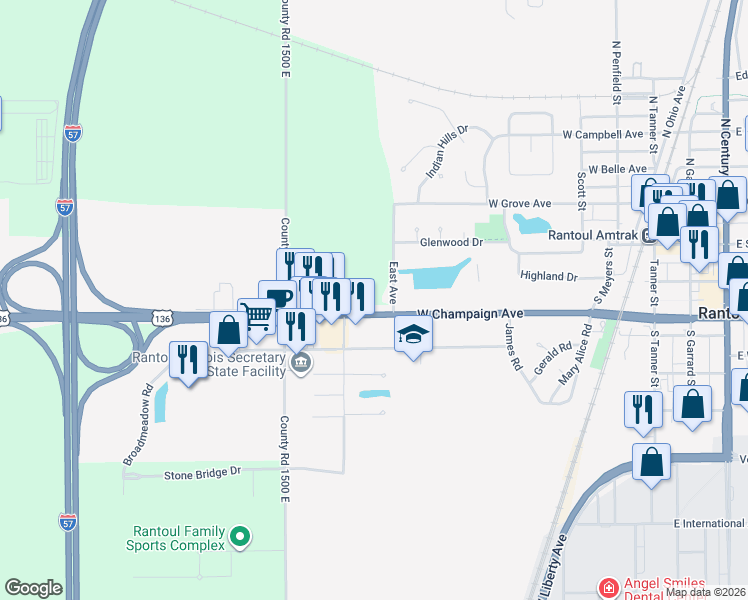 map of restaurants, bars, coffee shops, grocery stores, and more near 636 West Champaign Avenue in Rantoul