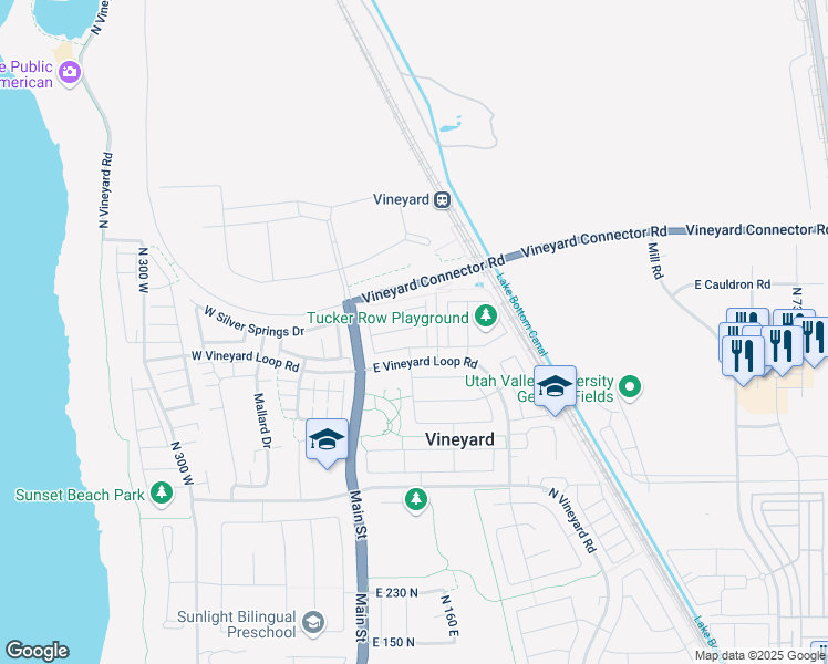 map of restaurants, bars, coffee shops, grocery stores, and more near 96 East 670 North Street in Vineyard