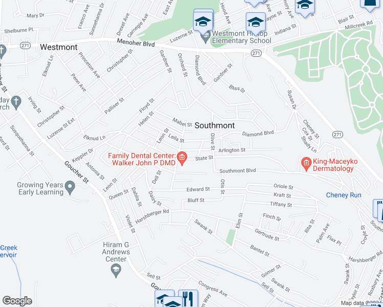 map of restaurants, bars, coffee shops, grocery stores, and more near 304 State Street in Johnstown