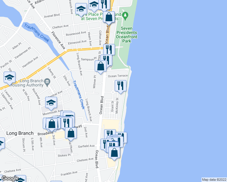 map of restaurants, bars, coffee shops, grocery stores, and more near 48 Marine Terrace in Long Branch