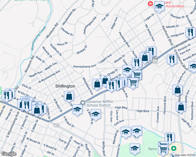 map of restaurants, bars, coffee shops, grocery stores, and more near 439 Gregg Street in Shillington