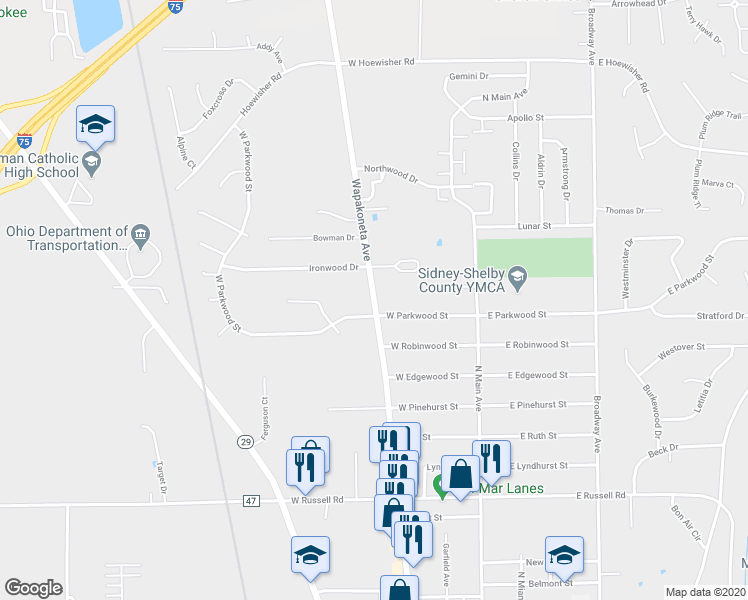 map of restaurants, bars, coffee shops, grocery stores, and more near Wapakoneta Avenue in Sidney