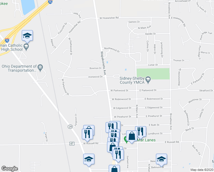 map of restaurants, bars, coffee shops, grocery stores, and more near County Road 25A in Sidney