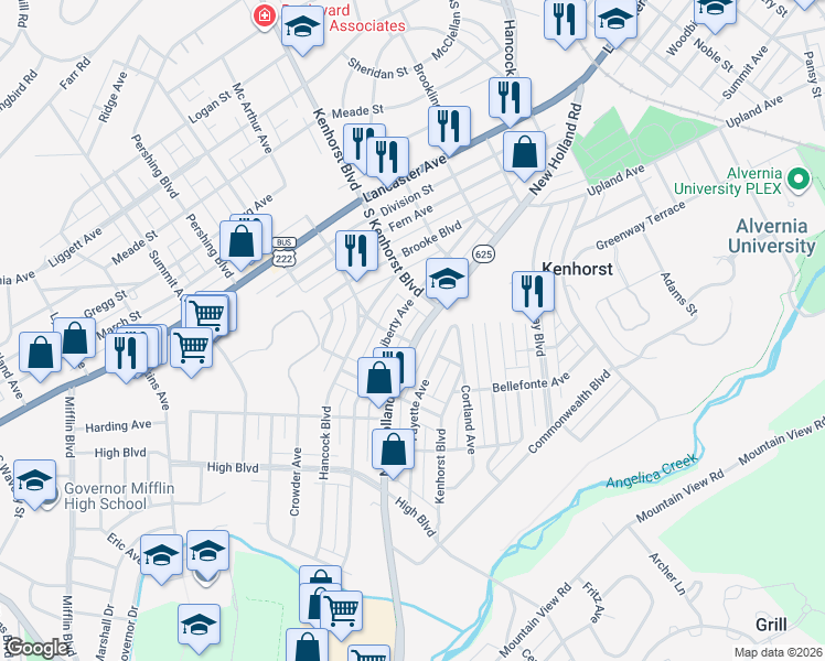 map of restaurants, bars, coffee shops, grocery stores, and more near 1329 Liberty Avenue in Reading