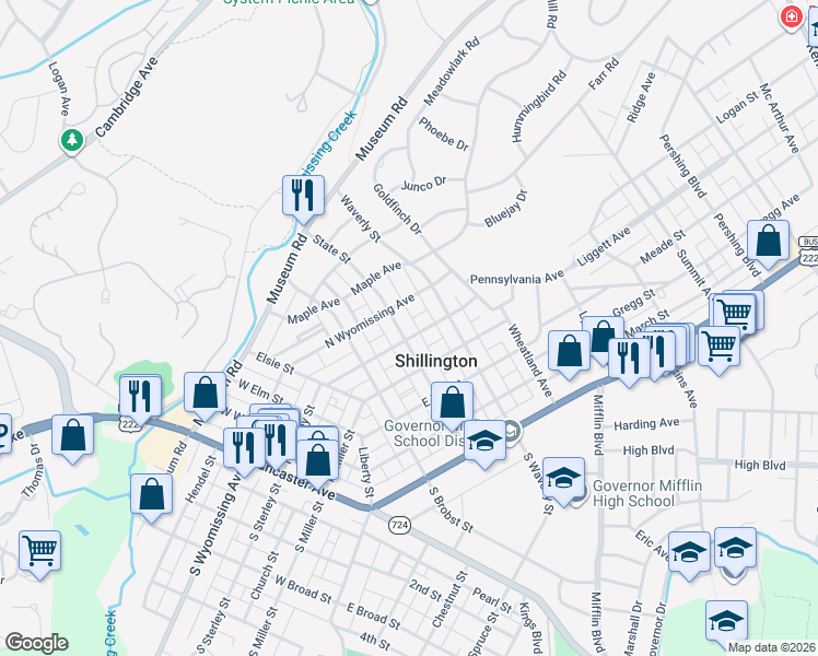 map of restaurants, bars, coffee shops, grocery stores, and more near 530 North Wyomissing Avenue in Shillington