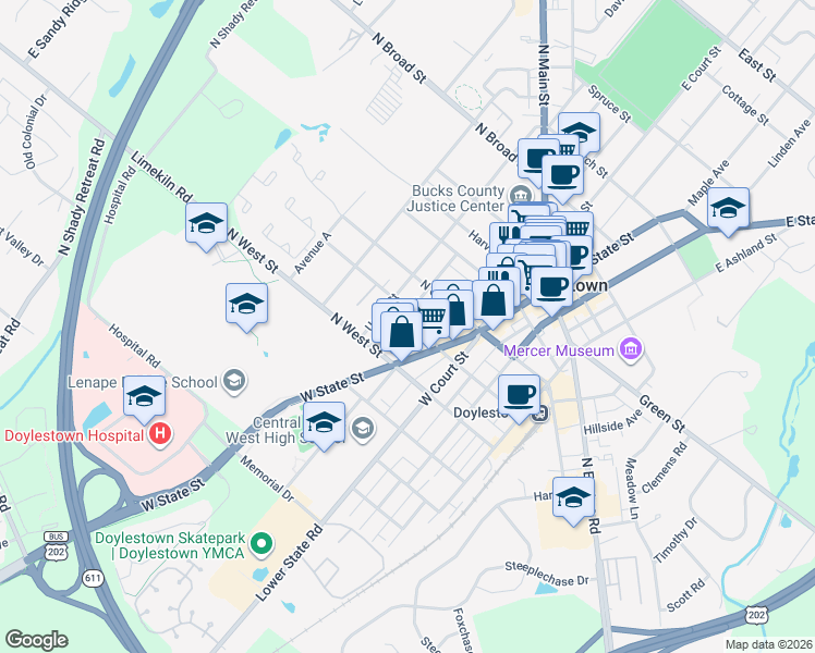map of restaurants, bars, coffee shops, grocery stores, and more near 187 Decatur Street in Doylestown