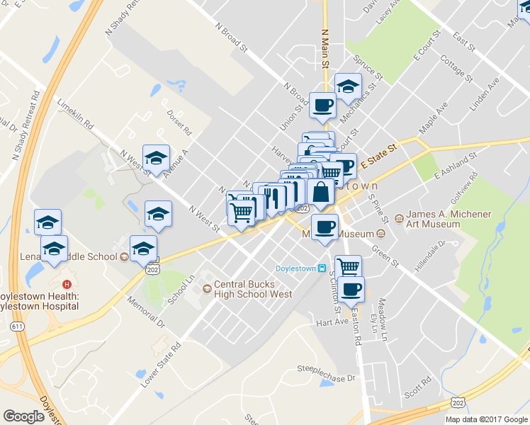 map of restaurants, bars, coffee shops, grocery stores, and more near 152 Wood Street in Doylestown