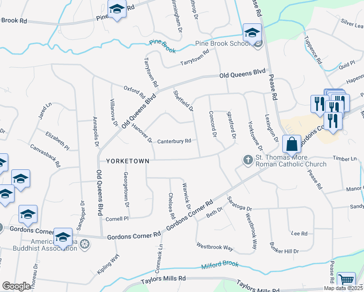 map of restaurants, bars, coffee shops, grocery stores, and more near 15 Canterbury Road in Manalapan Township