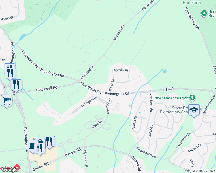 map of restaurants, bars, coffee shops, grocery stores, and more near 7 Sioux Road in Pennington