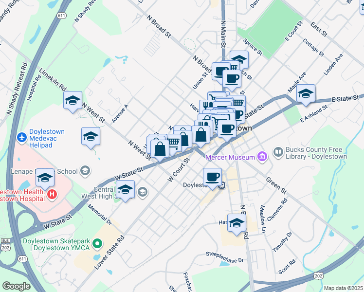map of restaurants, bars, coffee shops, grocery stores, and more near 152 Wood Street in Doylestown