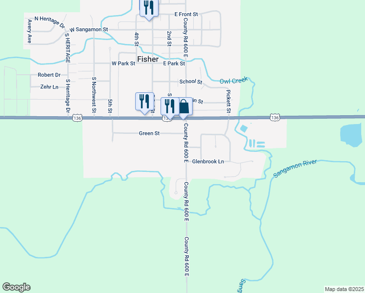map of restaurants, bars, coffee shops, grocery stores, and more near 801 South 1st Street in Fisher