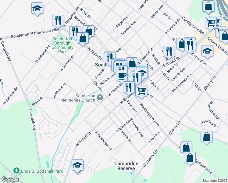 map of restaurants, bars, coffee shops, grocery stores, and more near 52 West Chestnut Street in Souderton