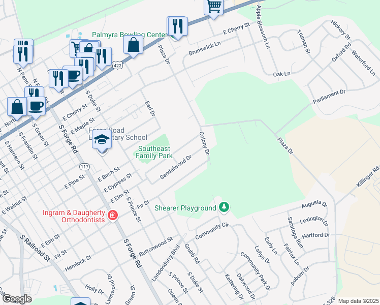 map of restaurants, bars, coffee shops, grocery stores, and more near 54 Sycamore Lane in Palmyra