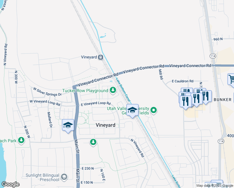 map of restaurants, bars, coffee shops, grocery stores, and more near 439 North 250 East in Vineyard