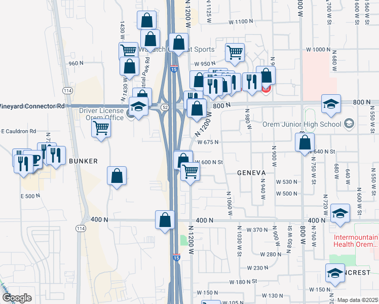 map of restaurants, bars, coffee shops, grocery stores, and more near in Orem