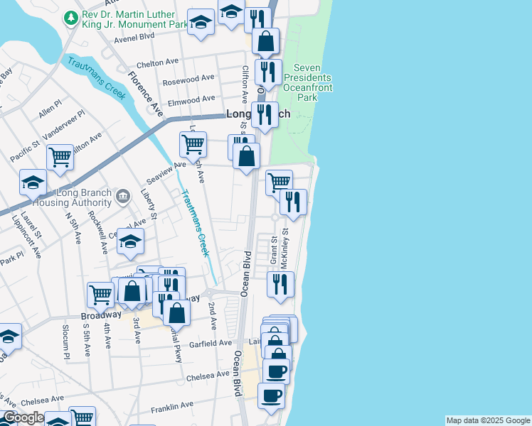 map of restaurants, bars, coffee shops, grocery stores, and more near 43 Ocean Avenue in Long Branch