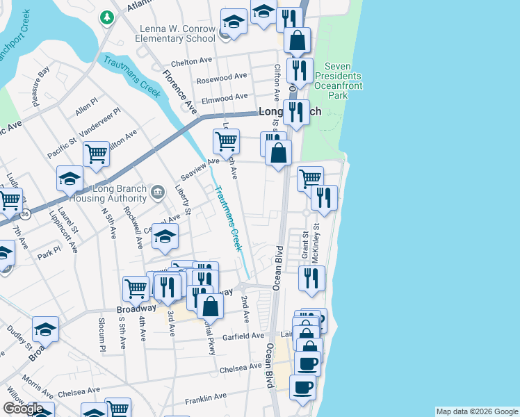 map of restaurants, bars, coffee shops, grocery stores, and more near 121 Witmer Place in Long Branch