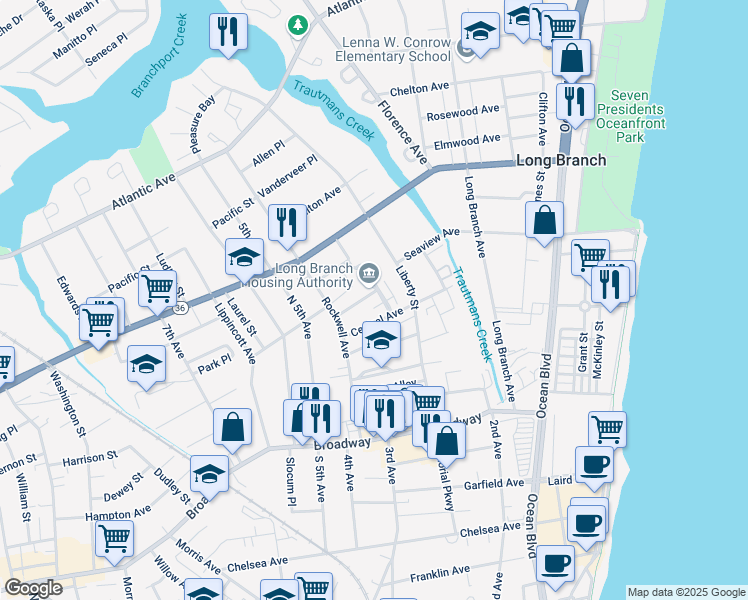 map of restaurants, bars, coffee shops, grocery stores, and more near 42 University Drive in Long Branch