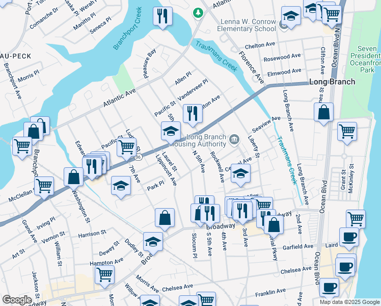 map of restaurants, bars, coffee shops, grocery stores, and more near 302 Joline Avenue in Long Branch