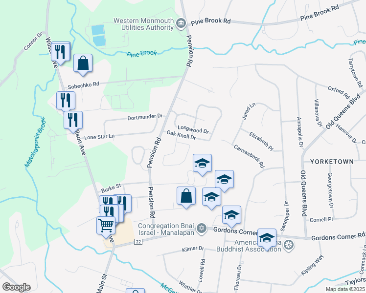 map of restaurants, bars, coffee shops, grocery stores, and more near 157 Chestnut Way in Manalapan Township