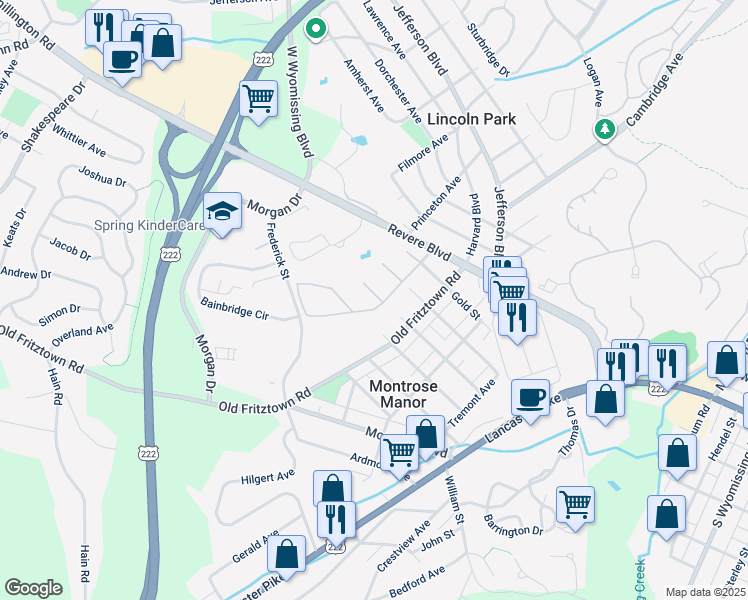 map of restaurants, bars, coffee shops, grocery stores, and more near 100 Springside Drive East in Reading