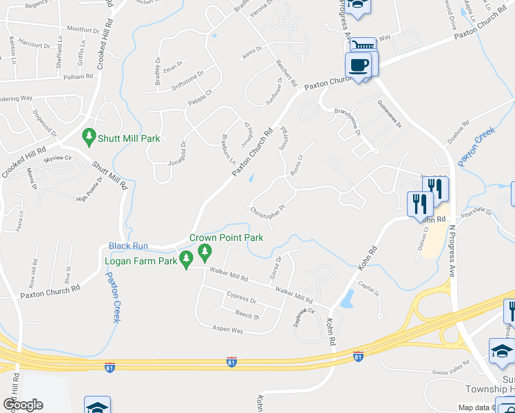 map of restaurants, bars, coffee shops, grocery stores, and more near 1917 Christopher Place in Harrisburg