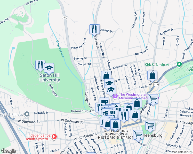 map of restaurants, bars, coffee shops, grocery stores, and more near 452 North Pennsylvania Avenue in Greensburg