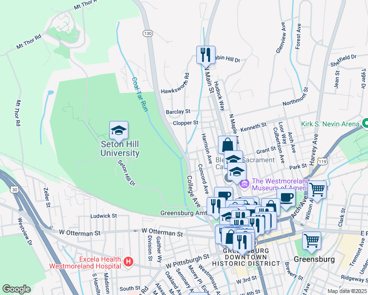 map of restaurants, bars, coffee shops, grocery stores, and more near 449 College Avenue in Greensburg