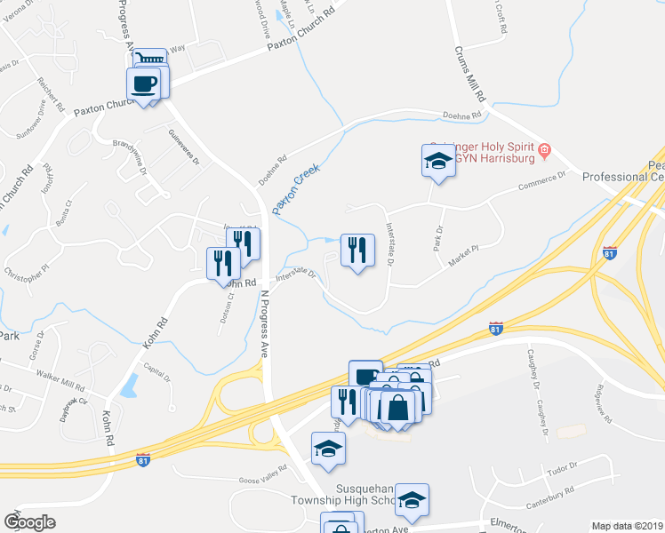 map of restaurants, bars, coffee shops, grocery stores, and more near 2540 Interstate Drive in Harrisburg