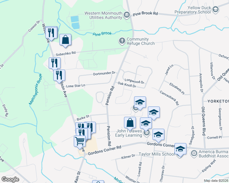 map of restaurants, bars, coffee shops, grocery stores, and more near 52 Pension Road in Manalapan Township