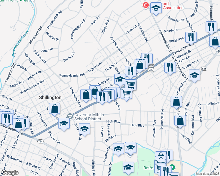 map of restaurants, bars, coffee shops, grocery stores, and more near 542 Gregg Street in Shillington