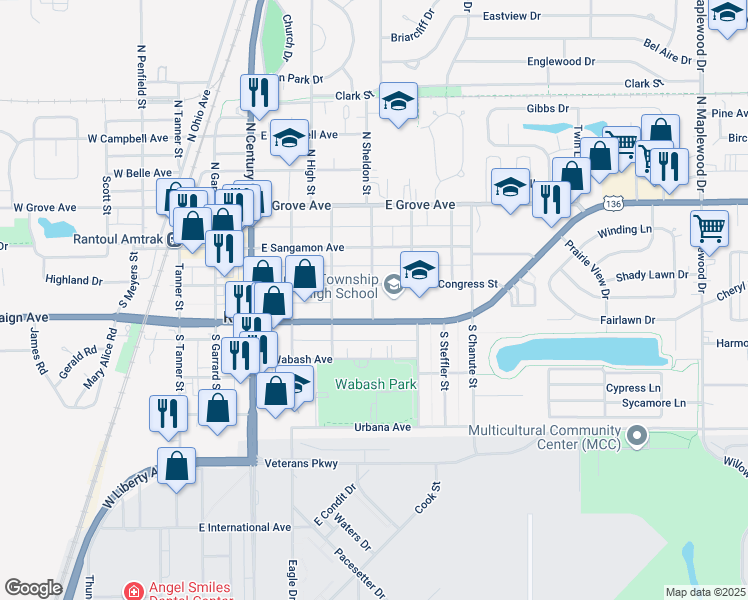 map of restaurants, bars, coffee shops, grocery stores, and more near 201 South Sheldon Street in Rantoul