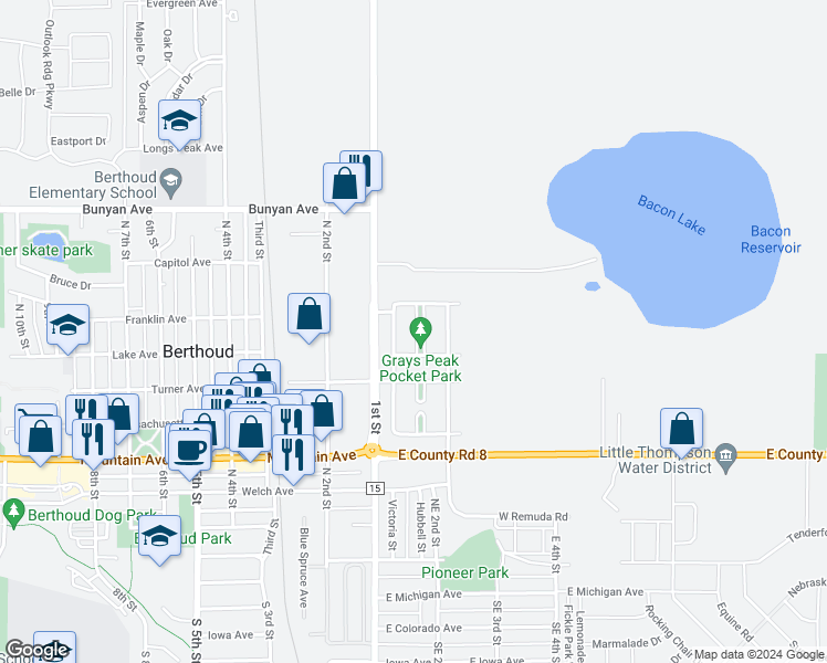 map of restaurants, bars, coffee shops, grocery stores, and more near 795 Grays Peak Lane in Berthoud