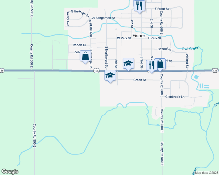 map of restaurants, bars, coffee shops, grocery stores, and more near 801 South 5th Street in Fisher