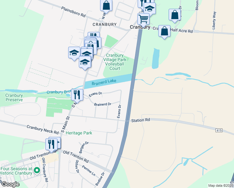 map of restaurants, bars, coffee shops, grocery stores, and more near 21 Evans Drive in Cranbury
