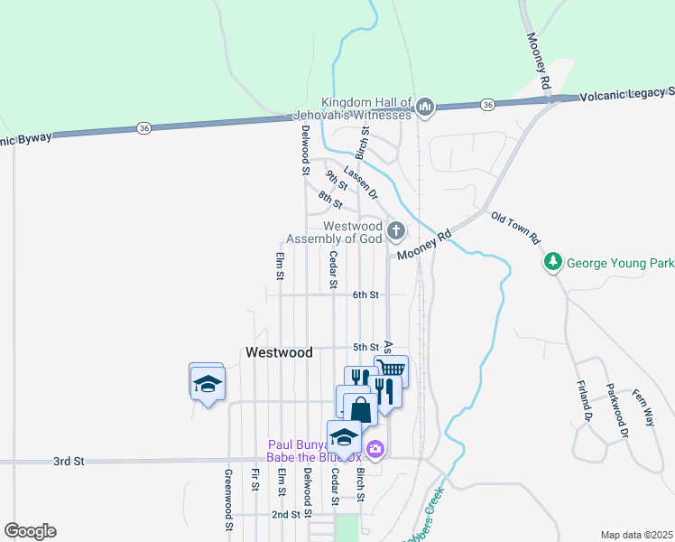 map of restaurants, bars, coffee shops, grocery stores, and more near 602 Cedar Street in Westwood
