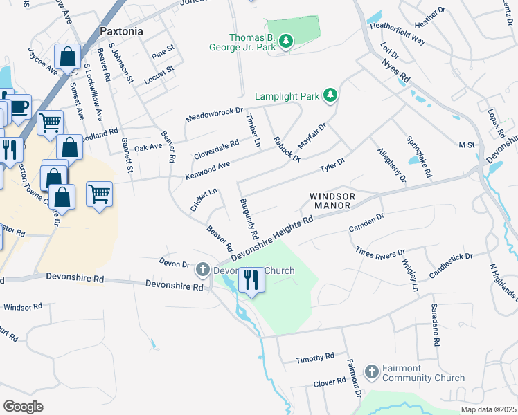 map of restaurants, bars, coffee shops, grocery stores, and more near 5808 Milton Drive in Harrisburg