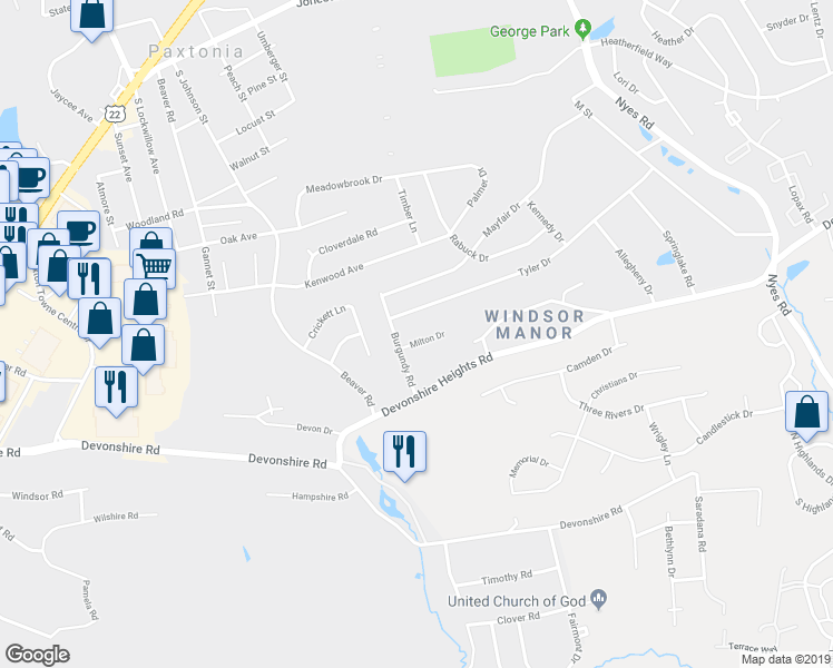 map of restaurants, bars, coffee shops, grocery stores, and more near 5808 Milton Drive in Harrisburg