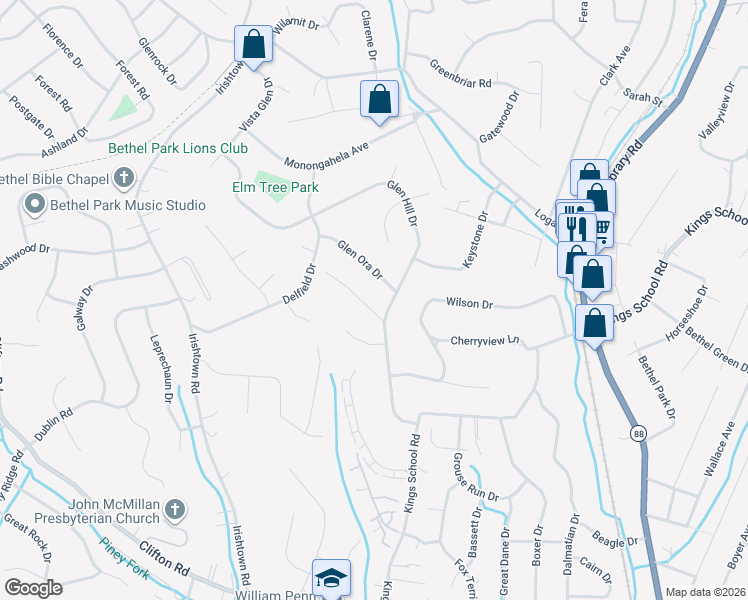 map of restaurants, bars, coffee shops, grocery stores, and more near 5767 Glen Ora Drive in Bethel Park