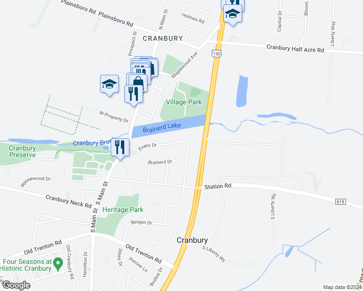 map of restaurants, bars, coffee shops, grocery stores, and more near 21 Evans Drive in Cranbury