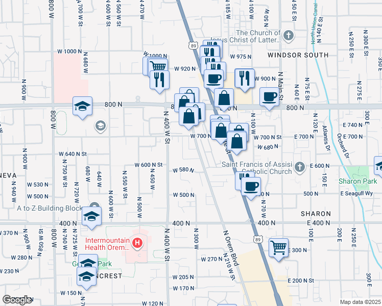 map of restaurants, bars, coffee shops, grocery stores, and more near 673 North 340 West in Orem